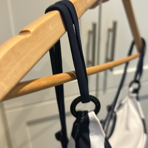 Navy Stripe V Neck Ruching Tummy Control One-Piece Swimsuit Size L NEW - Picture 12 of 16